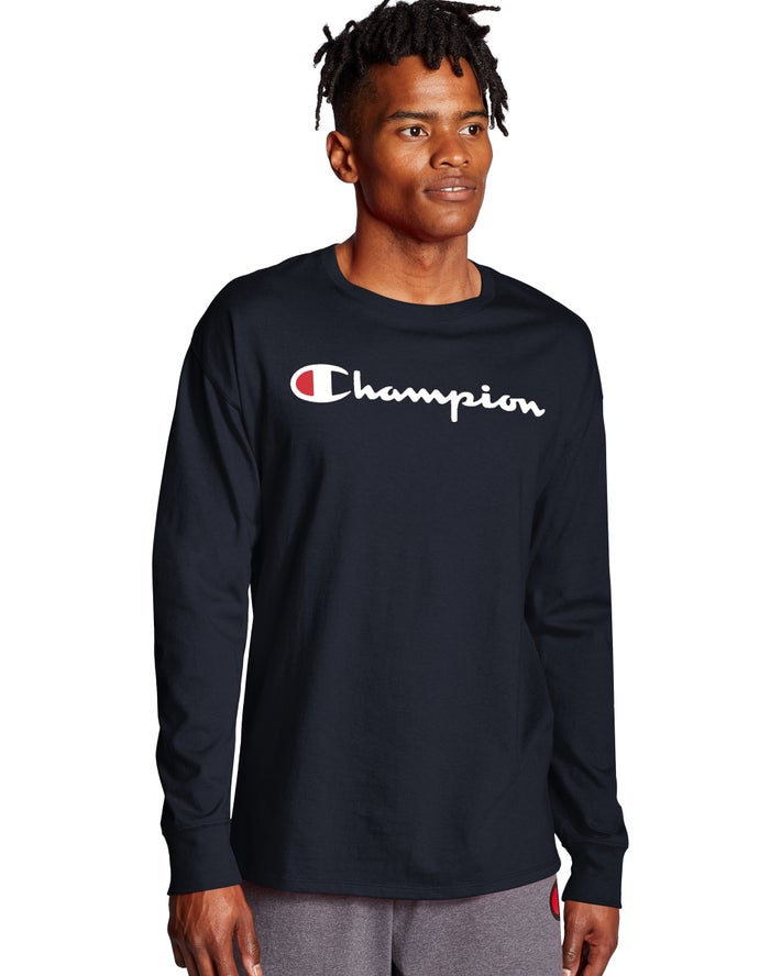 Champion Mens T-Shirt NZ - Classic Long-Sleeve Script Logo Navy ( 3107-OKCRQ )